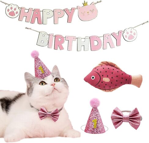 Do-Dottii Cat Kitten Kitty قبعة عيد ميلاد قبعة ربطة عنق على شكل فيونكة للقطط عيد ميلاد سعيد راية ألعاب لوازم الحفلات ديكورات ملابس قطة صغيرة النعناع البري مضغ ألعاب ركلة لفتاة القط (وردي) in Kuwait