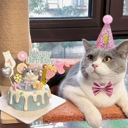 Do-Dottii Cat Kitten Kitty قبعة عيد ميلاد قبعة ربطة عنق على شكل فيونكة للقطط عيد ميلاد سعيد راية ألعاب لوازم الحفلات ديكورات ملابس قطة صغيرة النعناع البري مضغ ألعاب ركلة لفتاة القط (وردي) in Kuwait