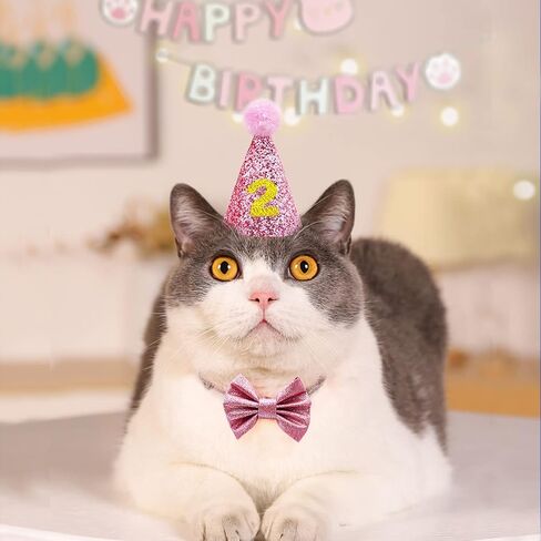 Do-Dottii Cat Kitten Kitty قبعة عيد ميلاد قبعة ربطة عنق على شكل فيونكة للقطط عيد ميلاد سعيد راية ألعاب لوازم الحفلات ديكورات ملابس قطة صغيرة النعناع البري مضغ ألعاب ركلة لفتاة القط (وردي) in Kuwait