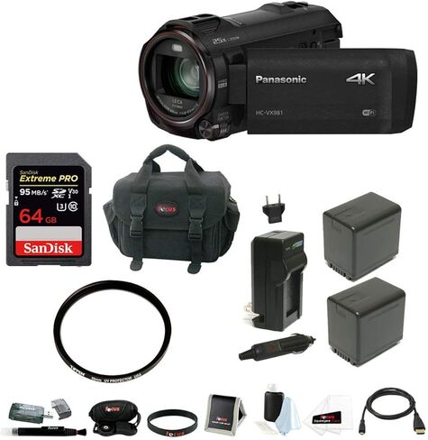 مجموعة كاميرا فيديو باناسونيك HC-VX981K 4K فائقة الدقة مع بطارية ومجموعة شاحن، وحقيبة مع ملحقات وأدوات تنظيف، وبطاقة ذاكرة 64 جيجابايت، وفلتر عدسة، وكابل (6 قطع) in Kuwait