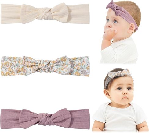 YHXX YLEN 3PCS Baby Headbands Handmade Baby Girl Headbands with Bows Soft Stretchy Hair Bands Newborn Bow Headbands for Baby Girls Infant Toddlers- Grey Brown White Flowers in Kuwait