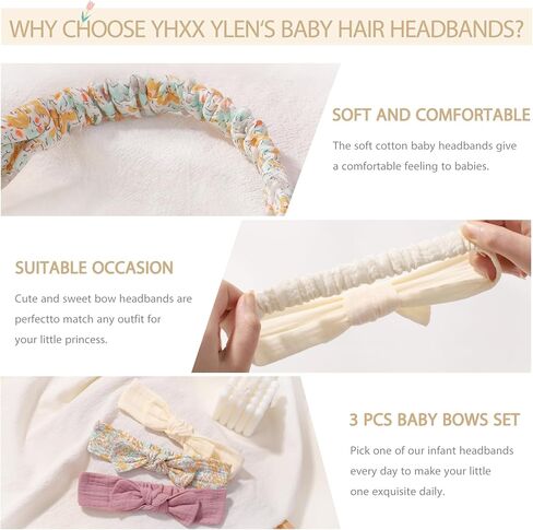 YHXX YLEN 3PCS Baby Headbands Handmade Baby Girl Headbands with Bows Soft Stretchy Hair Bands Newborn Bow Headbands for Baby Girls Infant Toddlers- Grey Brown White Flowers in Kuwait