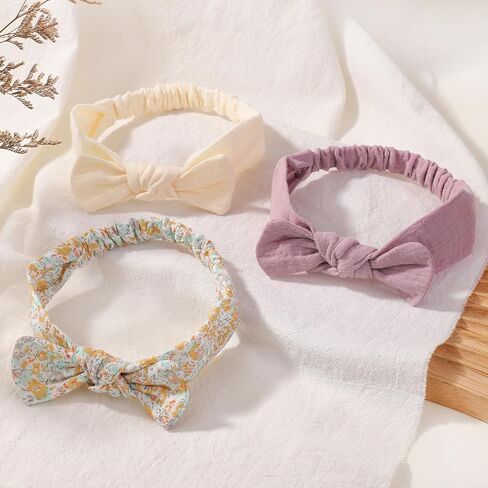 YHXX YLEN 3PCS Baby Headbands Handmade Baby Girl Headbands with Bows Soft Stretchy Hair Bands Newborn Bow Headbands for Baby Girls Infant Toddlers- Grey Brown White Flowers in Kuwait