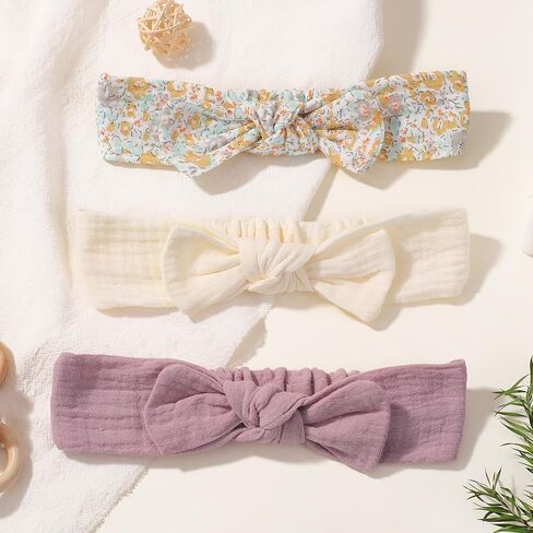 YHXX YLEN 3PCS Baby Headbands Handmade Baby Girl Headbands with Bows Soft Stretchy Hair Bands Newborn Bow Headbands for Baby Girls Infant Toddlers- Grey Brown White Flowers in Kuwait