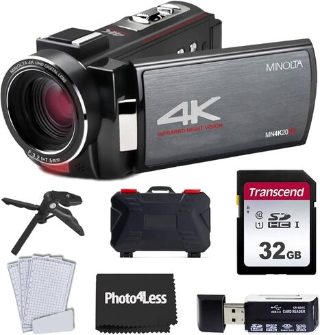 PHOTO4LESS MINOLTA® MN4K20NV 4K Ultra HD / كاميرا فيديو للرؤية الليلية بدقة 30 ميجابكسل (أسود) + بطاقة ذاكرة SD سعة 32 جيجابايت + حافظة صلبة لبطاقة الذاكرة + قارئ بطاقة USB SD عالي السرعة + حامل ثلاثي القوائم للطاولة in Kuwait