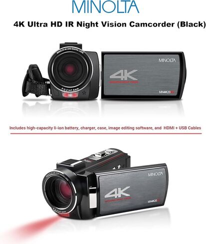 PHOTO4LESS MINOLTA® MN4K20NV 4K Ultra HD / كاميرا فيديو للرؤية الليلية بدقة 30 ميجابكسل (أسود) + بطاقة ذاكرة SD سعة 32 جيجابايت + حافظة صلبة لبطاقة الذاكرة + قارئ بطاقة USB SD عالي السرعة + حامل ثلاثي القوائم للطاولة in Kuwait
