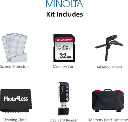 PHOTO4LESS MINOLTA® MN4K20NV 4K Ultra HD / كاميرا فيديو للرؤية الليلية بدقة 30 ميجابكسل (أسود) + بطاقة ذاكرة SD سعة 32 جيجابايت + حافظة صلبة لبطاقة الذاكرة + قارئ بطاقة USB SD عالي السرعة + حامل ثلاثي القوائم للطاولة in Kuwait