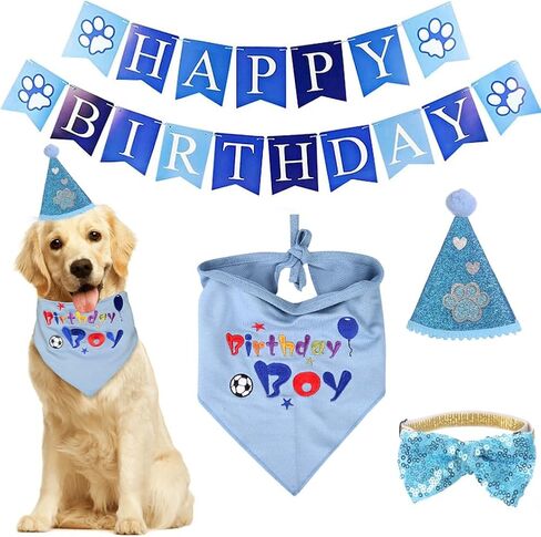 Dog Birthday Bandana with Party Hat Bow Pet Birthday Set Triangle Scarf Supplies Happy Birthday Banner Set for Boy Dogs Puppy in Kuwait