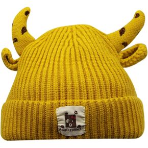 Amamcy 1-5Y Baby Winter Warm Ox Horn Knitted Beanie Cap for Infant Toddlers Kids Crochet Skull Cap Cotton Cuff Beanie Hat