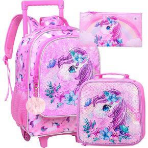 UFNDC 3PCS Rolling Backpack for Girls and Boys， Kids Unicorn Dinosaur Wheeled Bookbag