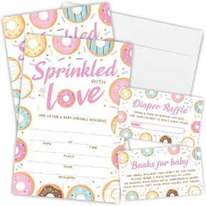 JCVUK Set of 25 Baby Shower Invitations with Envelopes, Diaper Raffle Tickets and Baby Shower Book Request Cards,Colored Donut Theme Babyshower Party For Boys or Girls(YQKTZ-B07) in Kuwait