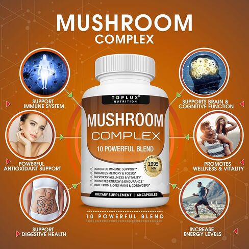 مكمل الفطر Lions Mane & Cordyceps Reishi Chaga - 10 مزيج فطر عضوي لدعم الجهاز المناعي والذاكرة والتركيز والوضوح وزيادة الطاقة، للرجال والنساء، 60 كبسولة، مكمل Toplux in Kuwait