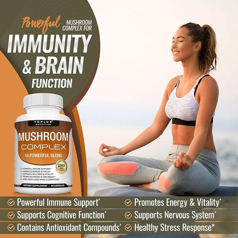 مكمل الفطر Lions Mane & Cordyceps Reishi Chaga - 10 مزيج فطر عضوي لدعم الجهاز المناعي والذاكرة والتركيز والوضوح وزيادة الطاقة، للرجال والنساء، 60 كبسولة، مكمل Toplux in Kuwait