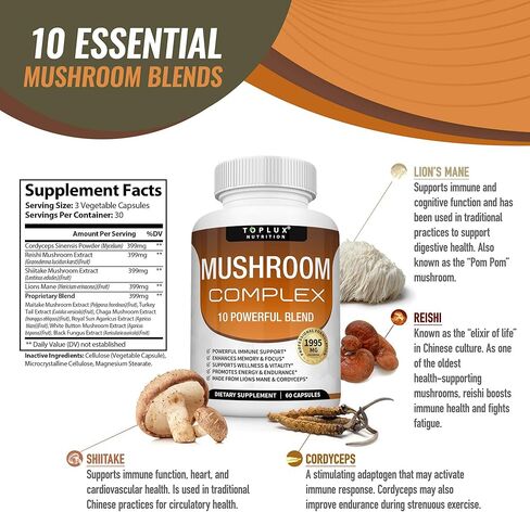 مكمل الفطر Lions Mane & Cordyceps Reishi Chaga - 10 مزيج فطر عضوي لدعم الجهاز المناعي والذاكرة والتركيز والوضوح وزيادة الطاقة، للرجال والنساء، 60 كبسولة، مكمل Toplux in Kuwait