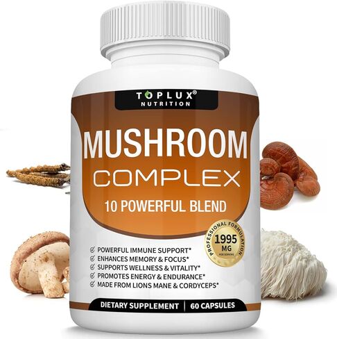 مكمل الفطر Lions Mane & Cordyceps Reishi Chaga - 10 مزيج فطر عضوي لدعم الجهاز المناعي والذاكرة والتركيز والوضوح وزيادة الطاقة، للرجال والنساء، 60 كبسولة، مكمل Toplux in Kuwait