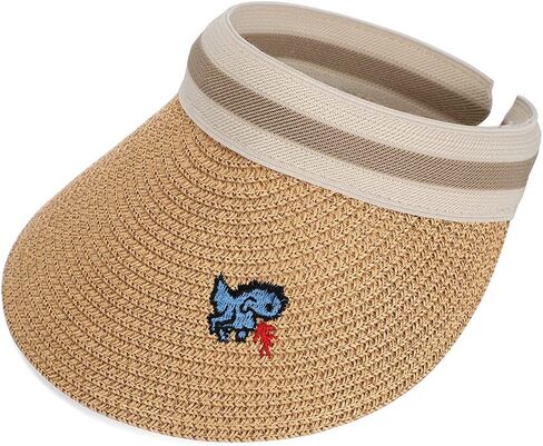 Straw Sun Visors Hats for Kids Embroidered Boys and Girls Wide Brim Roll Up Ponytail Open Top Cap in Saudi Arabia