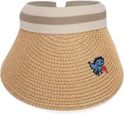 Straw Sun Visors Hats for Kids Embroidered Boys and Girls Wide Brim Roll Up Ponytail Open Top Cap in Saudi Arabia