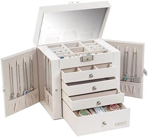 Large Jewelry Boxes with Lock, 4 Drawers and Large Mirror, 5-Layer Jewelry Organizer for Sunglasses, Big Jewelry, Watches, Jewelry Storage, Gift Idea for Loved One White USSH001BV1 in Kuwait