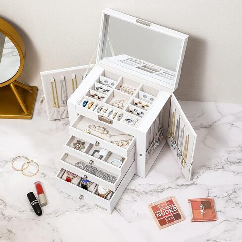 Large Jewelry Boxes with Lock, 4 Drawers and Large Mirror, 5-Layer Jewelry Organizer for Sunglasses, Big Jewelry, Watches, Jewelry Storage, Gift Idea for Loved One White USSH001BV1 in Kuwait