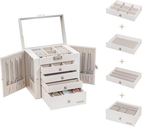 Large Jewelry Boxes with Lock, 4 Drawers and Large Mirror, 5-Layer Jewelry Organizer for Sunglasses, Big Jewelry, Watches, Jewelry Storage, Gift Idea for Loved One White USSH001BV1 in Kuwait
