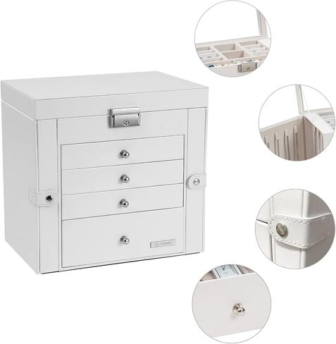 Large Jewelry Boxes with Lock, 4 Drawers and Large Mirror, 5-Layer Jewelry Organizer for Sunglasses, Big Jewelry, Watches, Jewelry Storage, Gift Idea for Loved One White USSH001BV1 in Kuwait