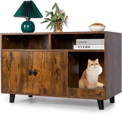 ANWA Cat Litter Box Enclosure Furniture, Wooden Hidden Litter Boxes for Indoor Cats with Scratching Pad, Hidden Cat Litter Box Cabinet Furniture, 35 X 22.6 X 18.1, Front Entry, Rustic Brown in Kuwait