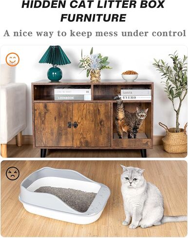ANWA Cat Litter Box Enclosure Furniture, Wooden Hidden Litter Boxes for Indoor Cats with Scratching Pad, Hidden Cat Litter Box Cabinet Furniture, 35 X 22.6 X 18.1, Front Entry, Rustic Brown in Kuwait