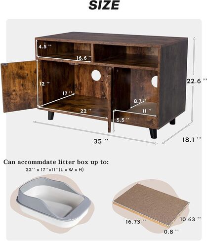 ANWA Cat Litter Box Enclosure Furniture, Wooden Hidden Litter Boxes for Indoor Cats with Scratching Pad, Hidden Cat Litter Box Cabinet Furniture, 35 X 22.6 X 18.1, Front Entry, Rustic Brown in Kuwait