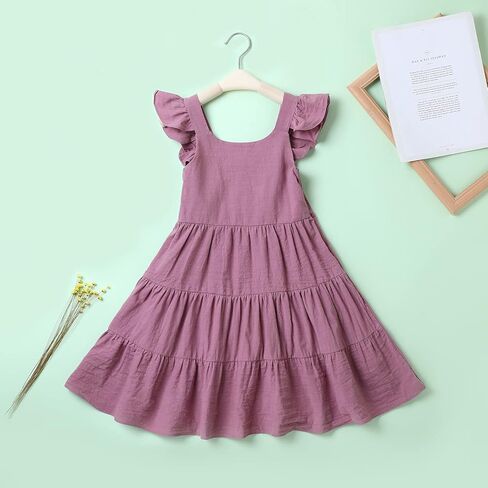 USKIDKK فستان صيفي للفتيات الصغيرات من القطن والكتان للأطفال فساتين حفلات الشاطئ بدون أكمام in Kuwait