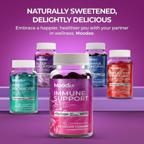 MOODex - علكات دعم المناعة - مكملات نباتية وكيتو منخفضة السكر، للرجال والنساء - مناسبة للأفراد الذين يعانون من عدم تحمل السكر - بحد أقصى 1 جرام سكر لكل 2 علكة - 60 قيراط in Kuwait