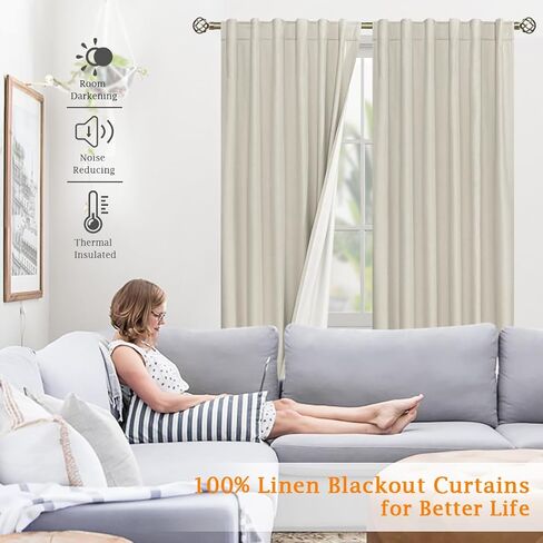 LAMIT 100% Blackout Short Linen Curtains for Cafe, 40 Inch Length Linen Textured Thermal Curtains Back Tab and Rod Pocket Neutral Panels with White Liner for Kitchen, 2 Panels, 34 x 40 Inch, Ivory in Kuwait