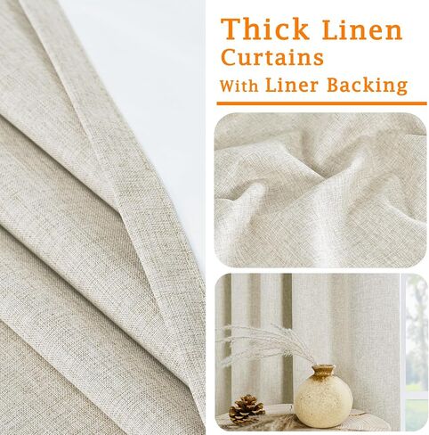 LAMIT 100% Blackout Short Linen Curtains for Cafe, 40 Inch Length Linen Textured Thermal Curtains Back Tab and Rod Pocket Neutral Panels with White Liner for Kitchen, 2 Panels, 34 x 40 Inch, Ivory in Kuwait
