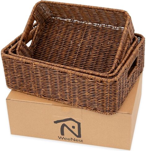 WeeNest Baskets for Storage, Wicker Basket, Rectangular, Set of 3, Toffee | Baskets for Organizing, Pantry Basket, Undershelf Wicker Storage, Storage Baskets for Closet, Baskets for Shelves in Saudi Arabia