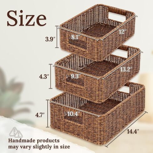 WeeNest Baskets for Storage, Wicker Basket, Rectangular, Set of 3, Toffee | Baskets for Organizing, Pantry Basket, Undershelf Wicker Storage, Storage Baskets for Closet, Baskets for Shelves in Saudi Arabia