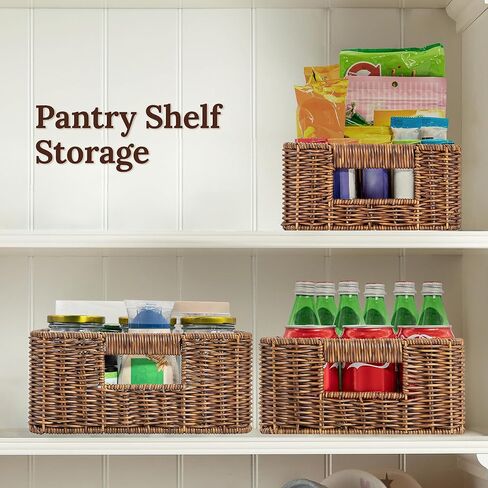 WeeNest Baskets for Storage, Wicker Basket, Rectangular, Set of 3, Toffee | Baskets for Organizing, Pantry Basket, Undershelf Wicker Storage, Storage Baskets for Closet, Baskets for Shelves in Saudi Arabia