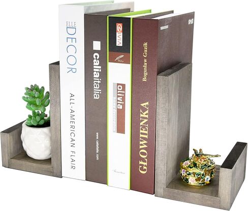 OwlGift Vintage Gray L-Shaped Solid Wood Bookends, Decorative Bookends w/Black-Tone Metal Supports, Non-Skid and Sturdy to Hold Heavy Books, 1-Pair in Saudi Arabia