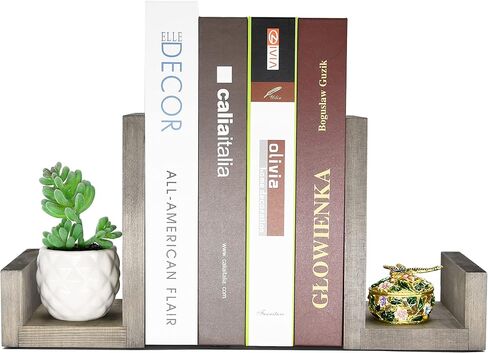 OwlGift Vintage Gray L-Shaped Solid Wood Bookends, Decorative Bookends w/Black-Tone Metal Supports, Non-Skid and Sturdy to Hold Heavy Books, 1-Pair in Saudi Arabia