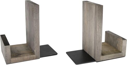 OwlGift Vintage Gray L-Shaped Solid Wood Bookends, Decorative Bookends w/Black-Tone Metal Supports, Non-Skid and Sturdy to Hold Heavy Books, 1-Pair in Saudi Arabia