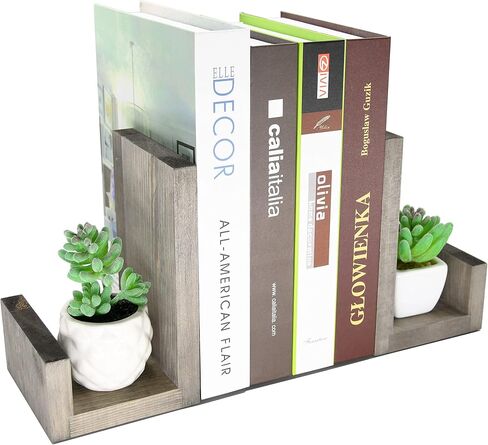 OwlGift Vintage Gray L-Shaped Solid Wood Bookends, Decorative Bookends w/Black-Tone Metal Supports, Non-Skid and Sturdy to Hold Heavy Books, 1-Pair in Saudi Arabia
