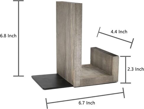 OwlGift Vintage Gray L-Shaped Solid Wood Bookends, Decorative Bookends w/Black-Tone Metal Supports, Non-Skid and Sturdy to Hold Heavy Books, 1-Pair in Saudi Arabia