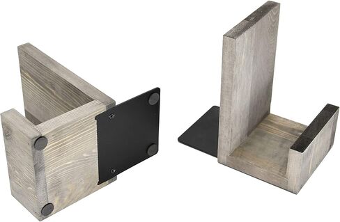 OwlGift Vintage Gray L-Shaped Solid Wood Bookends, Decorative Bookends w/Black-Tone Metal Supports, Non-Skid and Sturdy to Hold Heavy Books, 1-Pair in Saudi Arabia