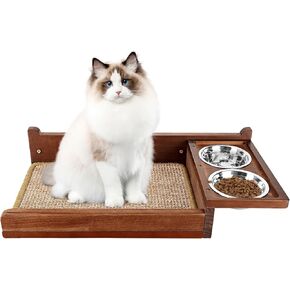 Cat Feeding Shelf Wall Mounted - Unique Mess-Free Design Cat Food Shelf with Hidden Bracket, Dog Proof cat Feeder Station, cat Wall Shelves with sisal mat, Two Bowl, Sold Pine Wood cat Wall Furniture in Kuwait