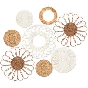 YIYA Set of 8 Boho Wall Decor Rattan Flower Wall Basket Decor Round Hand Woven Rattan Wall Art for Handmade Wall Art For Living Rooms Farmhouse Living Rooms Nursery