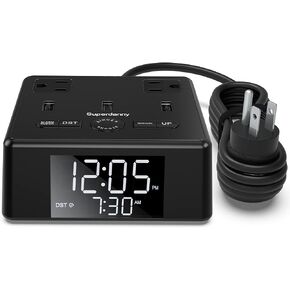 Digital Alarm Clock with 3 USB Charger, SUPERDANNY Desk Charging Station 2 AC Outlets, 6.5ft Cord, Power Strip Surge Protector 1700J, LCD Display, Easy Alarm Setting for Bedroom Dorm Room Hotel, Black