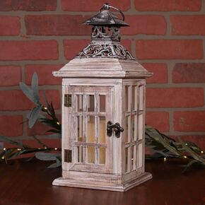 الفانوس الخشبي الأبيض القابل للغسل من أوركيد آند إيفي 13 بوصة مزخرف ريفي أبيض اللون مع سطح حديدي - سطح الطاولة أو شنقا منزل المزرعة حامل شموع LED خشبي لحفلات الزفاف - الفناء الخارجي ديكور المنزل in Kuwait