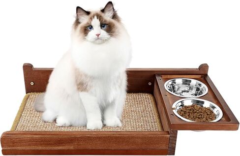 Cat Feeding Shelf Wall Mounted - Unique Mess-Free Design Cat Food Shelf with Hidden Bracket, Dog Proof cat Feeder Station, cat Wall Shelves with sisal mat, Two Bowl, Sold Pine Wood cat Wall Furniture in Kuwait