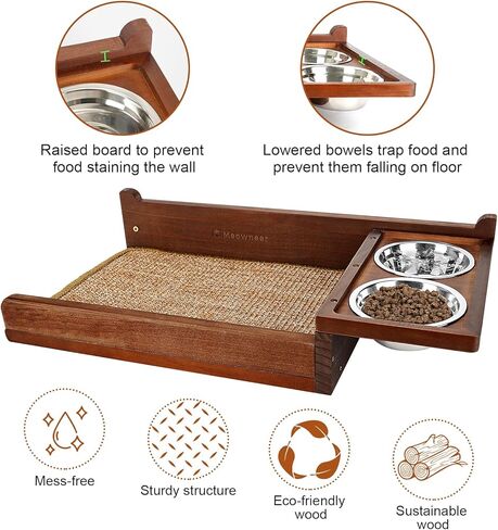 Cat Feeding Shelf Wall Mounted - Unique Mess-Free Design Cat Food Shelf with Hidden Bracket, Dog Proof cat Feeder Station, cat Wall Shelves with sisal mat, Two Bowl, Sold Pine Wood cat Wall Furniture in Kuwait
