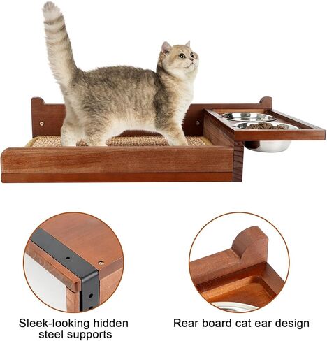 Cat Feeding Shelf Wall Mounted - Unique Mess-Free Design Cat Food Shelf with Hidden Bracket, Dog Proof cat Feeder Station, cat Wall Shelves with sisal mat, Two Bowl, Sold Pine Wood cat Wall Furniture in Kuwait