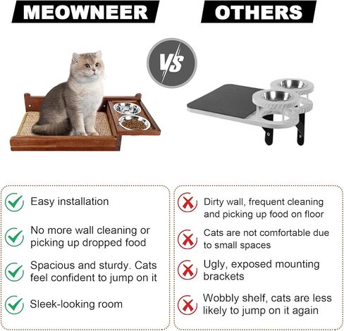 Cat Feeding Shelf Wall Mounted - Unique Mess-Free Design Cat Food Shelf with Hidden Bracket, Dog Proof cat Feeder Station, cat Wall Shelves with sisal mat, Two Bowl, Sold Pine Wood cat Wall Furniture in Kuwait