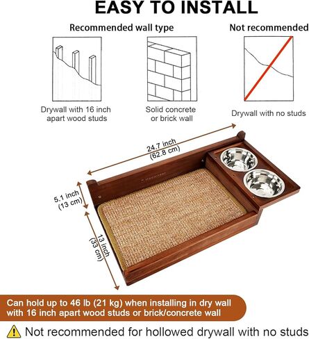 Cat Feeding Shelf Wall Mounted - Unique Mess-Free Design Cat Food Shelf with Hidden Bracket, Dog Proof cat Feeder Station, cat Wall Shelves with sisal mat, Two Bowl, Sold Pine Wood cat Wall Furniture in Kuwait
